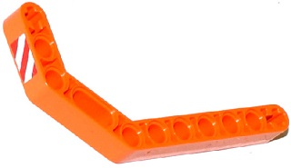 Lego Technic, Liftarm, Modified Bent Thick 1 x 11.5 Double with Red and White Danger Stripes Thin Pattern Model Left Side (Sticker) - Set 42032 / Orange