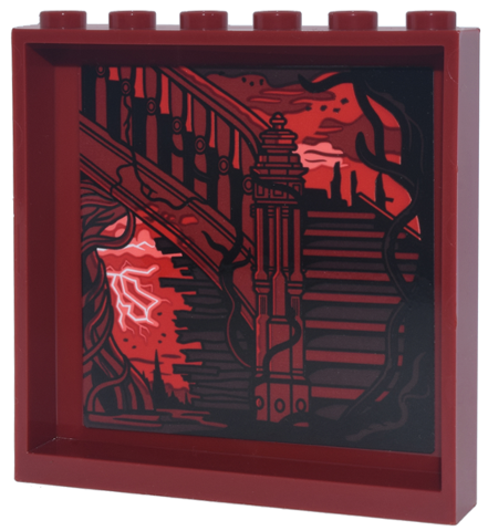 Lego Panel 1 x 6 x 5 with Black Staircase and Vines, Red and Coral Sky, White Lightning Pattern (Sticker) - Set 11370