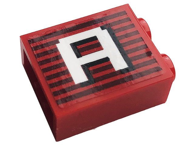 Lego Brick 1 x 2 x 2 with Inside Stud Holder with Gray Stripes and White Capital Letter A Pattern (Sticker) - Set 10272 / Red