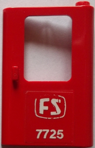 Lego Door 1 x 4 x 5 Train Right, Thin Support at Bottom with White 'FS 7725' Pattern (Sticker) - Set 7725 / Red