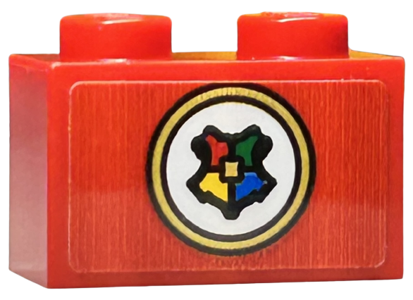 Lego Brick 1 x 2 with Hogwarts Symbol / Shield on White Circle with Gold Border Pattern (Sticker) - Set 76423 / Red