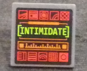 Lego Road Sign 2 x 2 Square with Open O Clip with Computer Screen with 'INTIMIDATE' and 10 Icons Pattern (Sticker) - Set 76023 / Dark Bluish Gray