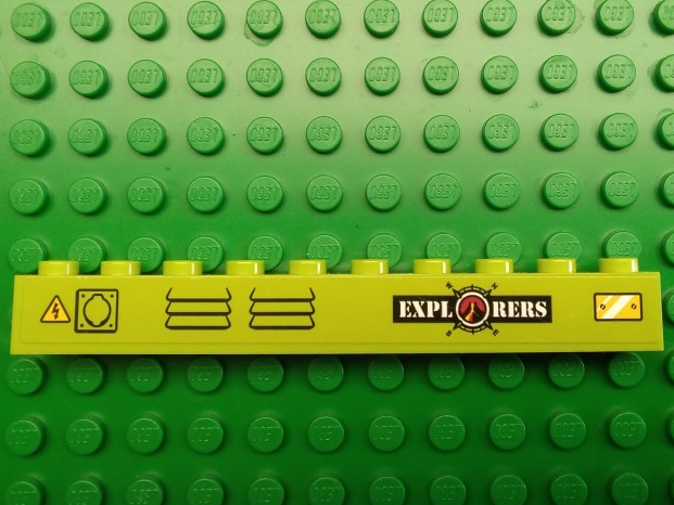 Lego Brick 1 x 10 with Volcano Explorers Logo, Vents, Electrical Hazard Symbol, and Yellow Metal Plate Pattern (Sticker) - Set 60124