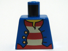 Lego Torso Pirate Vest Open with Gold Buttons over Shirt with Red and White Horizontal Stripes, Yellow Neck Pattern / Blue