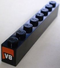 Lego Brick 1 x 8 with 'V8' and Orange Slope Pattern on Both Ends (Stickers) - Set 8898