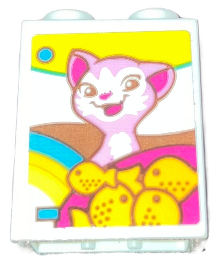 Lego Brick 1 x 2 x 2 with Inside Stud Holder with Dark Pink Cat, Medium Azure and Yellow Stripes and Fish in Magenta Bowl Pattern (Sticker) - Set 41742 / White