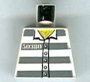 Lego Torso Prison Uniform Shirt with '50380', 5 Buttons, and Dark Bluish Gray Stripes, Hairy Chest, Yellow Neck Pattern / White
