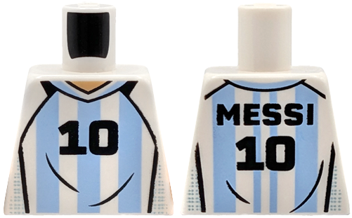 Lego Torso Soccer / Football Jersey Argentina, Bright Light Blue Stripes, Black '10' and 'MESSI' Pattern / White