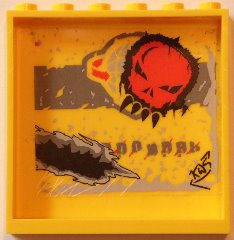 Lego Panel 1 x 6 x 5 with Black Graffiti Tag, Red Skull and Large Black Damage Pattern (Sticker) - Set 5972