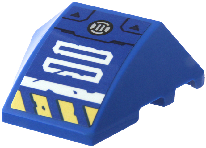 Lego Wedge 4 x 3 Triple Curved No Studs with White Rectangles and Stripe, Bright Light Yellow Danger Stripes, Silver Circle and Dark Blue Armor Outline Pattern Model Right Side (Sticker) - Set 71785 / Blue