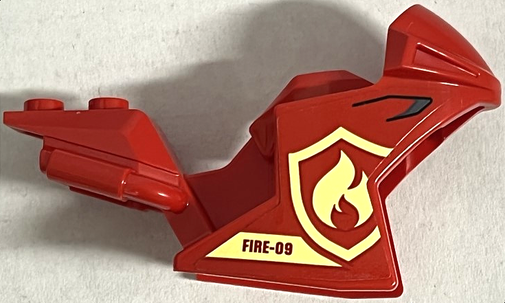 Lego Motorcycle Fairing, Racing (Sport) Bike with 'FIRE-09' and Bright Light Yellow Fire Logo Badge Pattern on Both Sides (Stickers) - Set 60216
