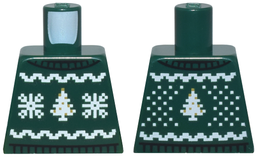 Lego Torso Knit Fair Isle Holiday Sweater with White and Gold Snowflakes and Christmas Trees Pattern / Dark Green