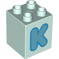 Lego Duplo Brick 2 x 2 x 2 with Medium Azure 'K' Print / Light Aqua