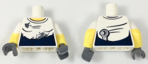 Lego Torso Female T-Shirt with Oil Stains, Dark Blue Sash, Ratchet Tucked in Back Pattern / Yellow Arms with Molded White Short Sleeves Pattern / Dark Bluish Gray Hands