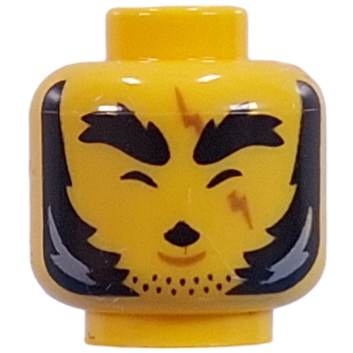 Lego Minifig Head, Thick Black Eyebrows, Sideburns, Stubbled Beard, Scar Across Eye, Mean Stare, Crooked Mouth with Fang / Closed Eyes, Whistling / Yellow