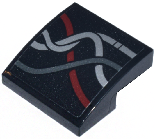 Lego Slope, Curved 2 x 2 x 2/3 with Dark Red, Silver, and Dark Silver Rear Wires Pattern Model Left Side (Sticker) - Set 75398