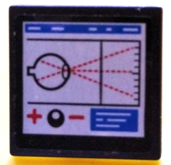 Lego Road Sign 2 x 2 Square with Open O Clip with Eyeball and Red Dotted Lines, Plus Sign, and Minus Sign on White Monitor Screen Pattern (Sticker) - Set 60204 / Black