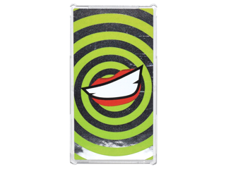 Lego Glass for Window 1 x 4 x 6 with Lime Swirls and Lopsided Open Mouth Smile with Teeth and Red Lips on Silver Mirrored Background Pattern (Sticker) - Set 76035