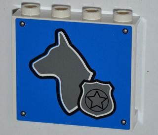 Lego Panel 1 x 4 x 3 with Side Supports - Hollow Studs with Dog Head and Silver Police Badge on Blue Background Pattern (Sticker) - Set 4441