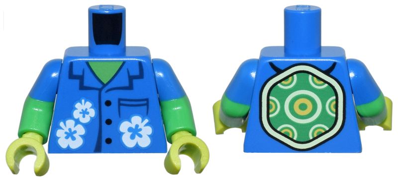 Lego Torso Hawaiian Shirt with Dark Blue Pocket and Collar, Black Buttons and White Flowers and Turtle Shell over Bright Green Skin Pattern / Bright Green Arms with Molded Blue Short Sleeves Pattern / Lime Hands