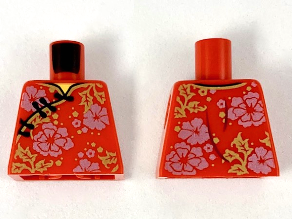 Lego Torso Qipao with Gold Hem and Leaves, Black Clasps, Metallic Pink Flowers Pattern / Red