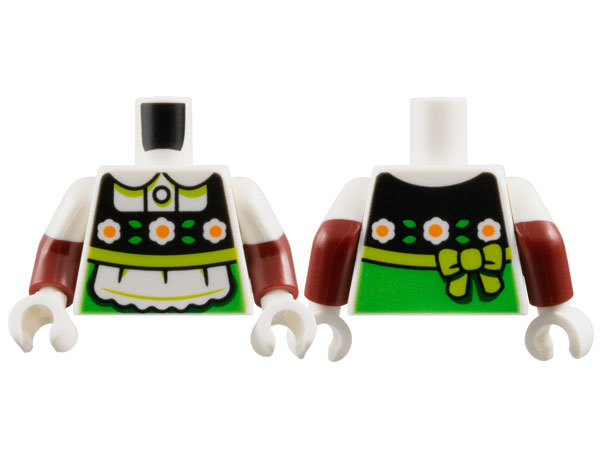 Lego Torso Dutch Dress, White and Orange Flowers on Black Panel, Apron, Lime Sash and Bright Green Trim Pattern / Dark Red Arms with Molded White Short Sleeves Pattern / White Hands