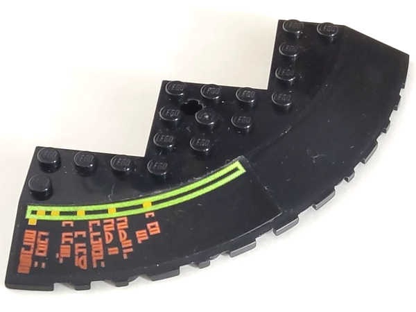 Lego Brick, Round Corner 10 x 10 with Slope 33 Edge, Axle Hole, Facet Cutout with Light Bars and Alien Characters Pattern Model Left Side (Sticker) - Set 7697 / Black