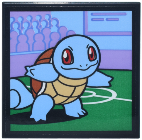 Lego Tile 4 x 4 with Pokémon Squirtle in Green Arena with Bright Light Blue and Lavender Crowd and Scoreboard Pattern (Sticker) - Set 40887