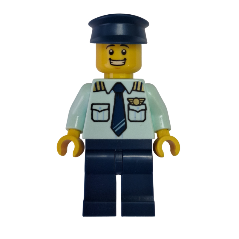 Lego Pilot, Light Aqua Shirt, Dark Blue Legs, Cap