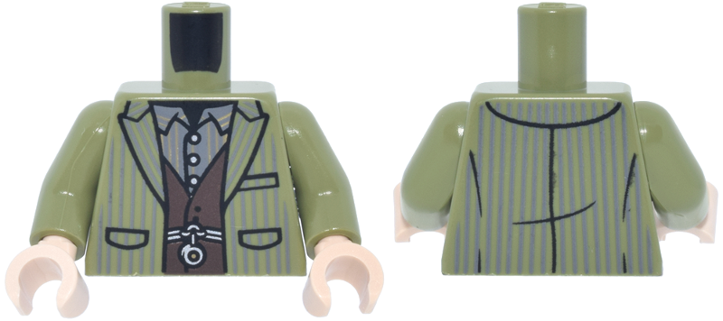 Lego Torso Suit Jacket Open, Dark Bluish Gray Pinstripes, Dark Brown Vest, Silver Waistcoat Chain over Striped Shirt with Collar Pattern / Olive Green Arms / Light Nougat Hands