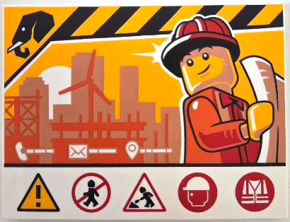 Lego Tile 6 x 8 with Construction Site Sign with Worker Minifigure, Nougat and Reddish Orange Buildings, Black and Bright Light Orange Danger Stripes, Red Warning Signs Pattern / White