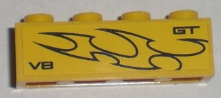 Lego Brick 1 x 4 with 'GT V8' and Flames Pattern Model Right Side (Sticker) - Set 8196 / Yellow