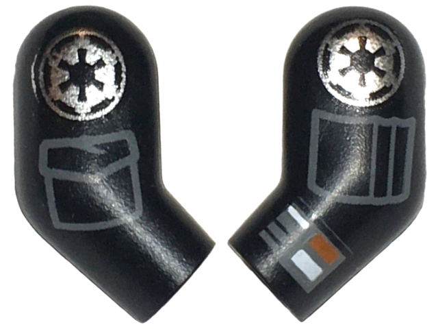 Lego Arm, (Matching Left and Right) Pair with Silver SW Imperial Logo, Dark Bluish Gray Pockets and Compad with White and Orange Rectangles Pattern / Black
