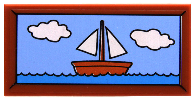 Lego Tile 2 x 4 with Picture of Reddish Brown Sailing Ship, Dark Azure Sea and Bright Light Blue Sky with 2 White Clouds Pattern (Sticker) - Set 71006 / Dark Orange