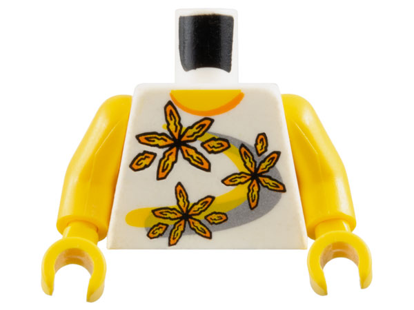 Lego Torso Shirt with Orange Collar and 3 Flowers over Yellow and Silver Curved Stripes Pattern / Yellow Arms / Yellow Hands