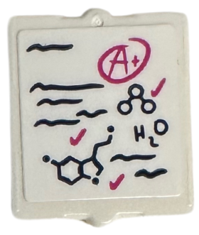 Lego Glass for Window 1 x 2 x 2 Flat Front with Marked Exam Paper with Dark Pink 'A+' in Circle, Check Marks, Dark Blue Writing Lines, 'H2O' and Chemical Formulas Pattern (Sticker) - Set 41740