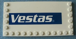 Lego Tile, Modified 6 x 12 with Studs on Edges with 'Vestas' Logo Pattern Model Left Side (Sticker) - Set 4999 / White