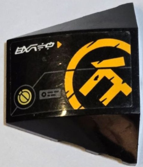 Lego Wedge 4 x 3 Triple Curved No Studs with Gold Armor Plate, Bright Light Orange Ninjago Logogram Letter C in Circle and White 'EARTH' Pattern Model Left Side (Sticker) - Set 71756