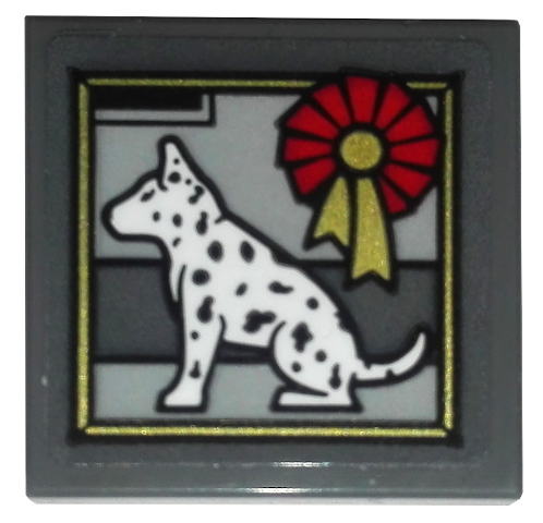 Lego Tile, Modified 2 x 2 Inverted with Dalmatian Dog and Award Ribbon Pattern (Sticker) - Set 10263 / Dark Bluish Gray