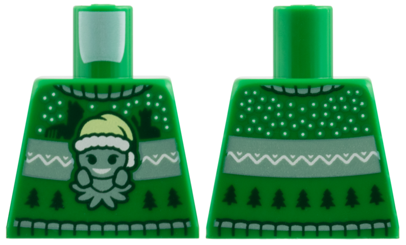 Lego Torso Knit Fair Isle Holiday Sweater with Sand Green Grindylow with Santa Hat, Castle Silhouettes and Christmas Trees Pattern / Green