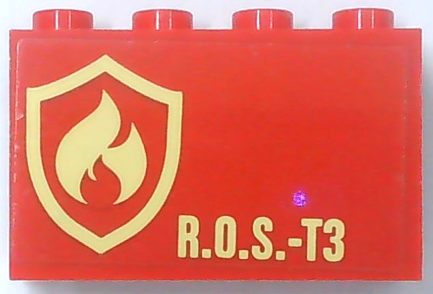 Lego Panel 1 x 4 x 2 with Side Supports - Hollow Studs with Bright Light Yellow Fire Logo Badge and 'R.O.S.-T3' Pattern (Sticker) - Set 60216
