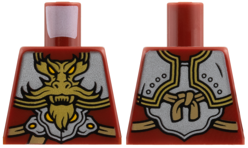 Lego Torso Silver Breastplate with Gold Dragon, Yellow Eyes, Medium Nougat Straps, Pattern / Dark Red