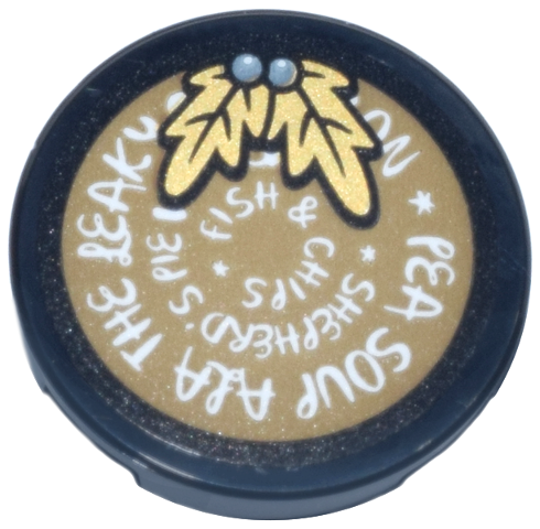 Lego Tile, Round 2 x 2 with Bottom Stud Holder with Gold Leaves and White 'PEA SOUP ALA THE LEAKY', 'SHEPHERD'S PIE' and 'FISH & CHIPS' Pattern (Sticker) - Set 76457 / Black