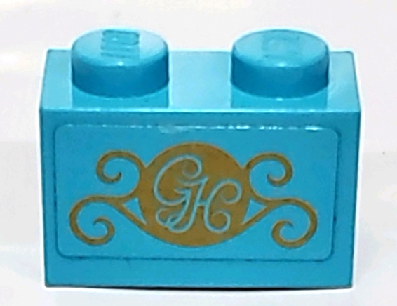 Lego Brick 1 x 2 with Gold 'GH' and Swirls Pattern (Sticker) - Set 41101 / Medium Azure