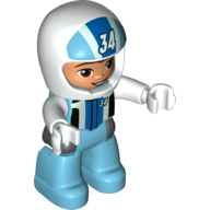 Lego Duplo Figure with Helmet White with '34', Medium Azure Legs, Racing Jacket Print / Medium Azure
