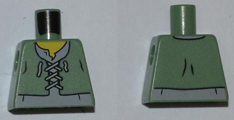 Lego Torso Castle Kingdoms Peasant Vest over Light Bluish Gray Shirt Pattern / Sand Green