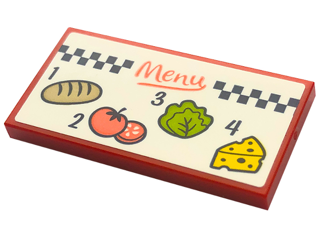 Lego Tile 2 x 4 with Coral 'Menu', Black Number 1, 2, 3, 4, Bread, Tomatoes, Lettuce, Cheese and Checkered Stripe Pattern (Sticker) - Set 41728
