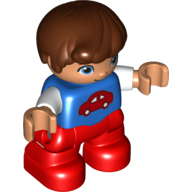Lego Duplo Figure Child, Hair Combed Forward with Curl Reddish Brown, Red Legs, White Sleeves and Red Car Print / Blue