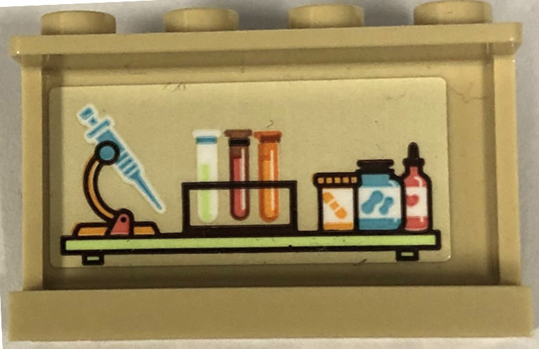 Lego Panel 1 x 4 x 2 with Side Supports - Hollow Studs with Medical Syringe, Test Tubes, Jars and Bottles on Shelf Pattern (Sticker) - Set 41717 / Tan