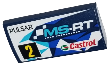 Lego Slope, Curved 2 x 4 x 2/3 with Bottom Tubes with 'PULSAR', 'MS-RT', 'Castrol' and Yellow Number 2 Pattern, Model Left Side (Sticker) - Set 75885